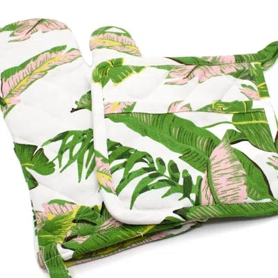 8 Oak Lane Natural Botanical Oven Mitt Set In Green