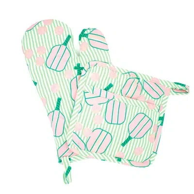 8 Oak Lane Pickleball Stripe Oven Mitt Set In Green