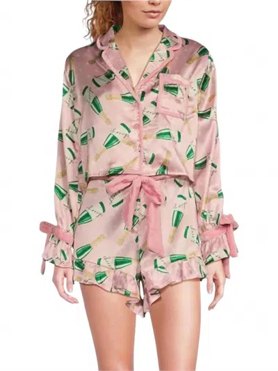 8 Oak Lane Satin Champagne Print Shorty Bow Pajama Set In Pink