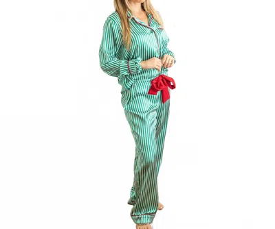 8 Oak Lane Satin Pajama Pant Set In Green Stripe