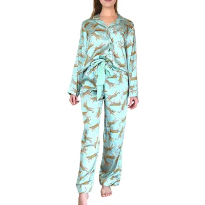 8 Oak Lane Satin Pant Pajama Set In Sage Leopard In Multi
