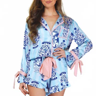 8 Oak Lane Satin Ruffle Short Pajama Set In Ginger Jar Stripe In Blue