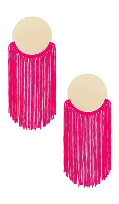 8 Other Reasons Round Top & Flowing Fringe Tassel Statement Earrings In Gold & Fuchsia