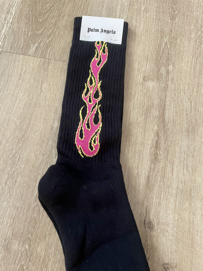 Pre-owned Hype X Palm Angels Fuchsia Flame Graphic Intarsia Calf Socks S/m In Black/pink