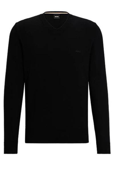 Hugo Boss V-neck Jumper In Cotton With Embroidered Logo In Blue