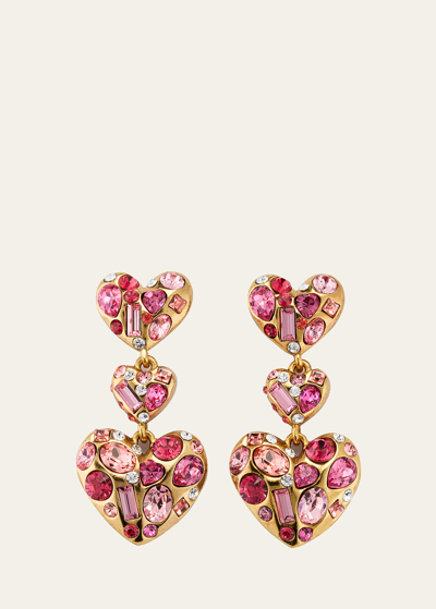 Oscar De La Renta Golden Gemstone Heart Chandelier Earrings In Pink