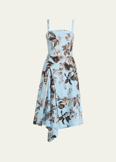 Oscar De La Renta Floral And Fauna Printed Square-neck Midi Dress In Black/lt Blue
