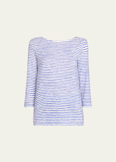 Majestic Striped 3/4-sleeve Stretch Linen Tee In Klein