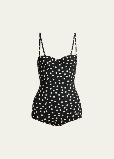 Dolce & Gabbana Polka-dot Sicily Balconette One-piece Swimsuit In Black