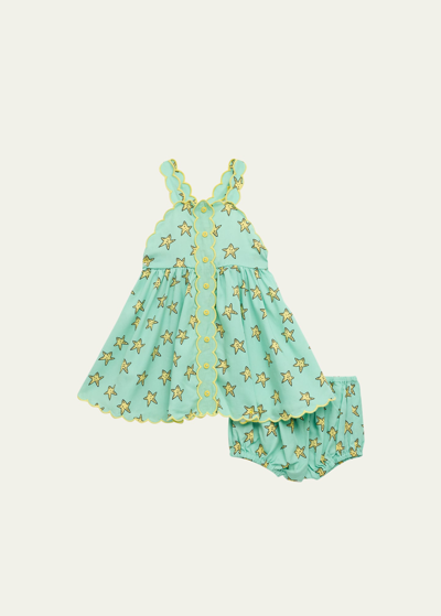 Stella Mccartney Kids' Girl's Starfish Strappy Scallop-trim Dress In 787mc Green