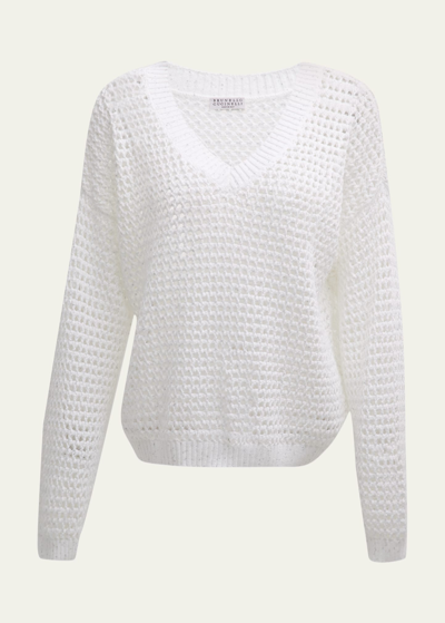 Brunello Cucinelli Open-knit Cotton Diamante Sweater In Cj159 White