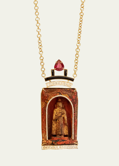 Silvia Furmanovich 18k Yellow Gold Wooden Statue Necklace With Diamonds, Rubellite And Onyx