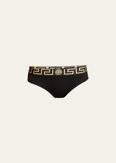Versace Slip A Vita Alta Con Dettaglio Greca E Medusa In Cotone Stretch Nero Donna In Blue