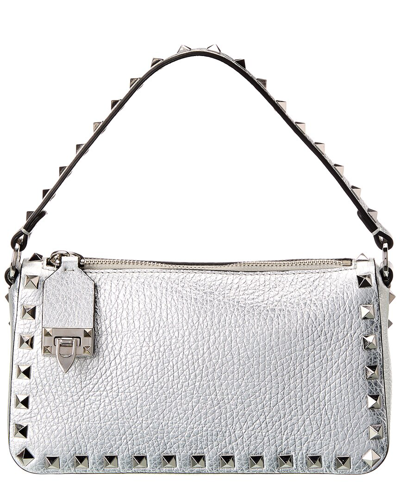 Valentino Garavani Rockstud Small Grainy Leather Crossbody In Silver