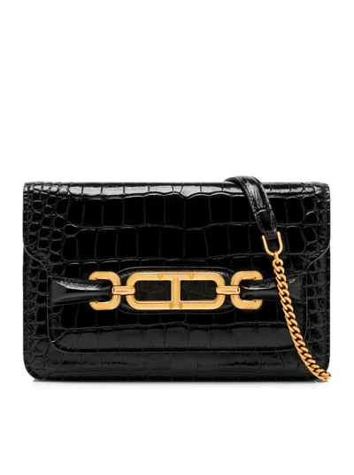 Tom Ford Shiny Stamped Croc Small Shoulder Bag In Black