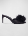 BLACK SUEDE STUDIO RICCA FEATHER POM MULE SANDALS