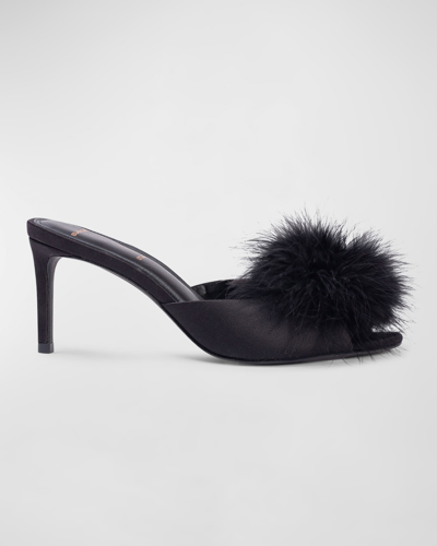Black Suede Studio Ricca Feather Pom Mule Sandals In Black Satin / Mat