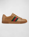 GUCCI MEN'S ACE LEATHER LOW-TOP SNEAKERS WITH WEB