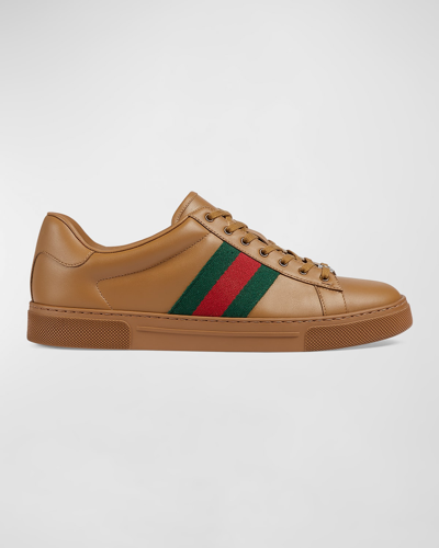 Gucci Men's Ace Leather Low-top Trainers With Web In Brown