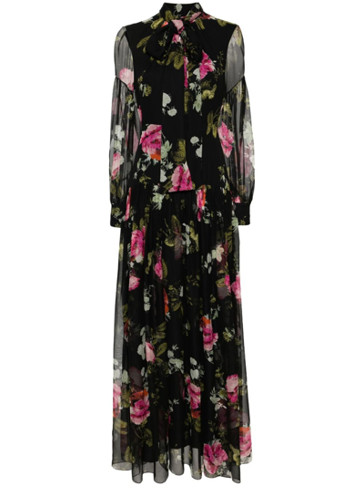 Erdem Floral-print Chiffon Maxi Dress In Black
