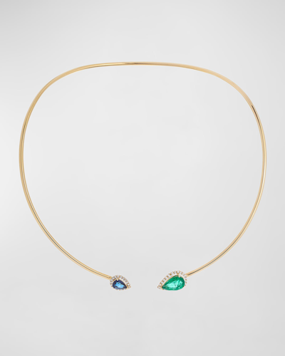 Krisonia 18k Yellow Gold Necklace With Diamond Halos, Emerald And Blue Sapphire