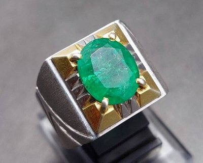 Pre-owned Handmade Natural Vivid Green Emerald Mens Ring Sterling Silver 925  Estate Ring