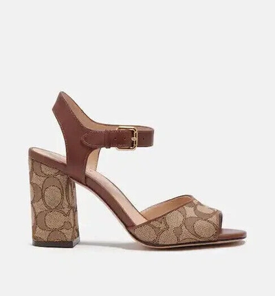Pre-owned Coach Women Canvas Leather Marla Block Heel Sandal In Signature Jacquard In Beige