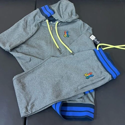Pre-owned Psycho Bunny Warwick Full Zip Color Block Hoodie And Sweat Pants Heather S In Gray