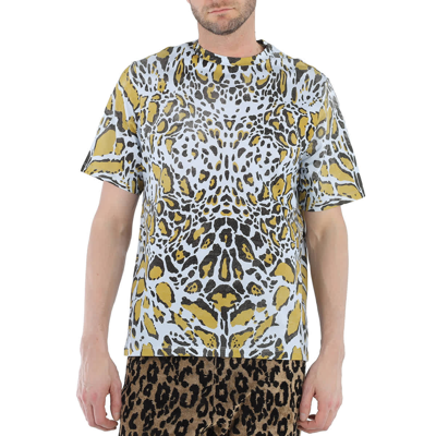 Pre-owned Roberto Cavalli Men's Sun Bleached Lynx Print Cotton Jersey T-shirt In Yellow
