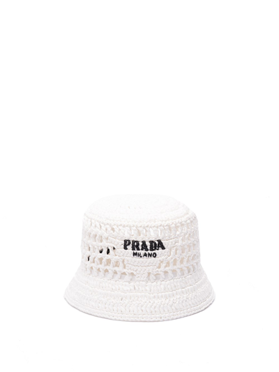 Prada Raffia Bucket Hat In White