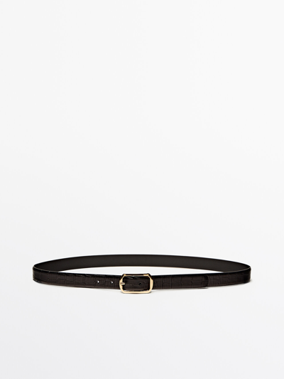 Massimo Dutti Embossed Mock Croc Leather Belt With Octagon Buckle In Black