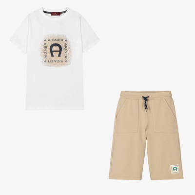 Aigner Teen Boys White & Beige Cotton Shorts Set