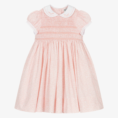 Sarah Louise Babies' Girls Pink Floral Hand-smocked Cotton Dress
