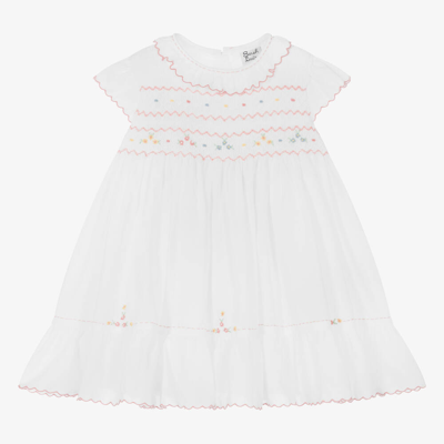 Sarah Louise Babies' Girls White Hand-smocked Cotton Dress