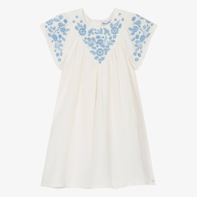 Tartine Et Chocolat Kids'  Girls Ivory & Blue Floral Linen Dress
