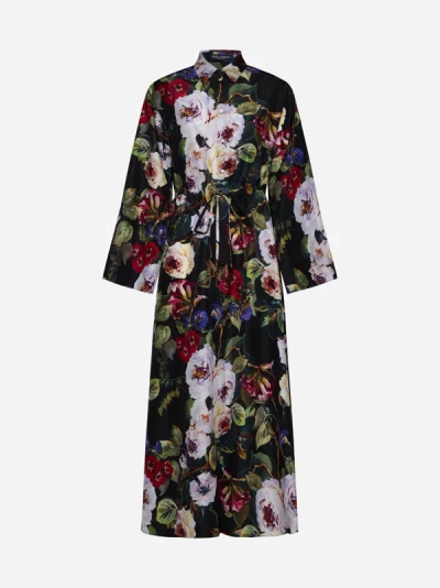 Dolce & Gabbana Floral Print Silk Shirt Dress In Black