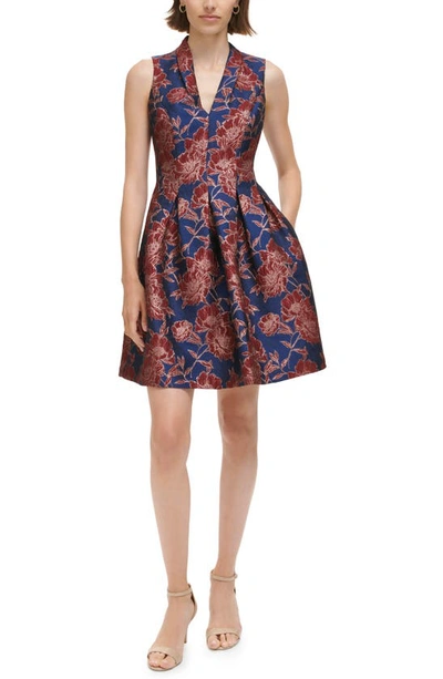 Vince Camuto Women's Jacquard V-neck Fit & Flare Dress In Navy Red