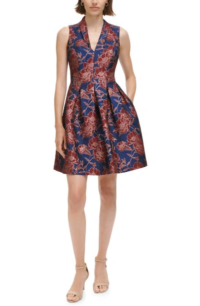 Vince Camuto Metallic Floral Jacquard Fit & Flare Dress In Navy Red