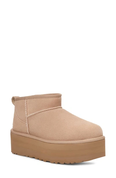 Ugg Classic Ultra Mini Platform Womens Suede Sherpa Ankle Boots In Beige