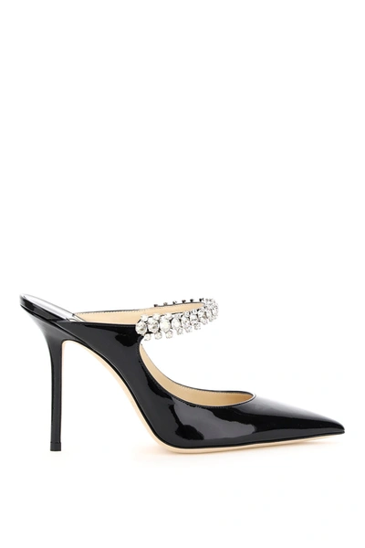 Jimmy Choo Bing 100 Black Patent Leather Mules With Crystal Strap