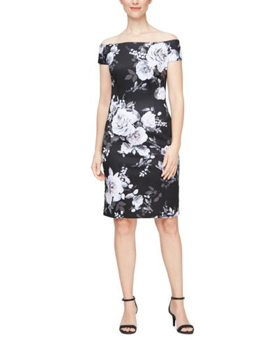 Sl Fashions Women's Off-the-shoulder Floral Print Sheath Dress In Blk Multi