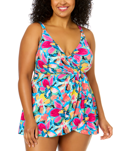 Anne Cole Plus Size Surplice V-neck Skirted One-piece Swimdress In Amalfi Floral
