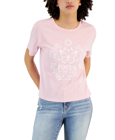 Rebellious One Juniors' Short-sleeve Crewneck Butterfly Graphic T-shirt In Pink Nectar Mineral Wash