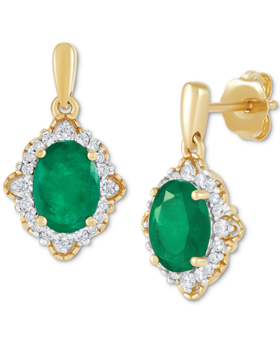 Macy's Emerald (1-1/2 Ct. T.w.) & Diamond (1/5 Ct. T.w.) Vintage Look Oval Halo Drop Earrings In 14k Gold