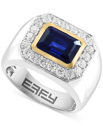 Effy Collection Effy Men's Lab Grown Sapphire (3-1/3 Ct. T.w.) & Lab Grown Diamond (3/4 Ct. T.w.) Halo Ring In 14k T In Two Tone