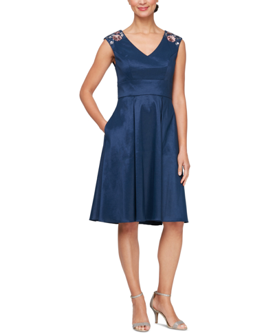 Alex Evenings Women's Embellished-shoulder V-neck Dress In Navy