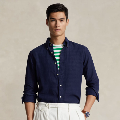 Ralph Lauren Custom Fit Garment-dyed Linen Shirt In Newport Navy