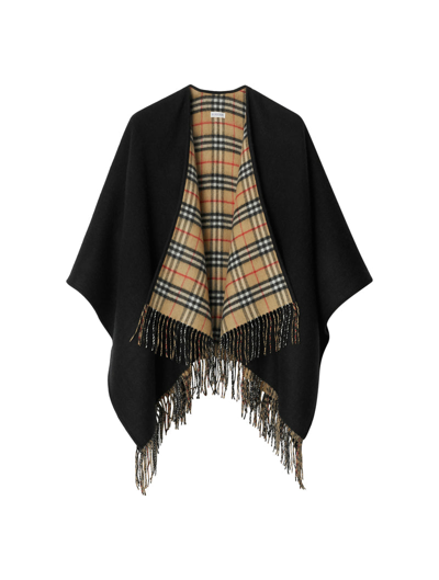 Burberry Women Reversible Cape In Check Wool In Black