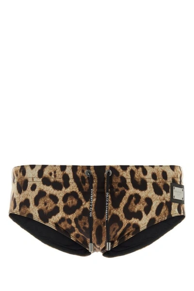 Dolce & Gabbana Leopard Print Nylon Swim Brief In Black