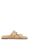 Fendi F Buckle Leather Slide Sandals In Pink
